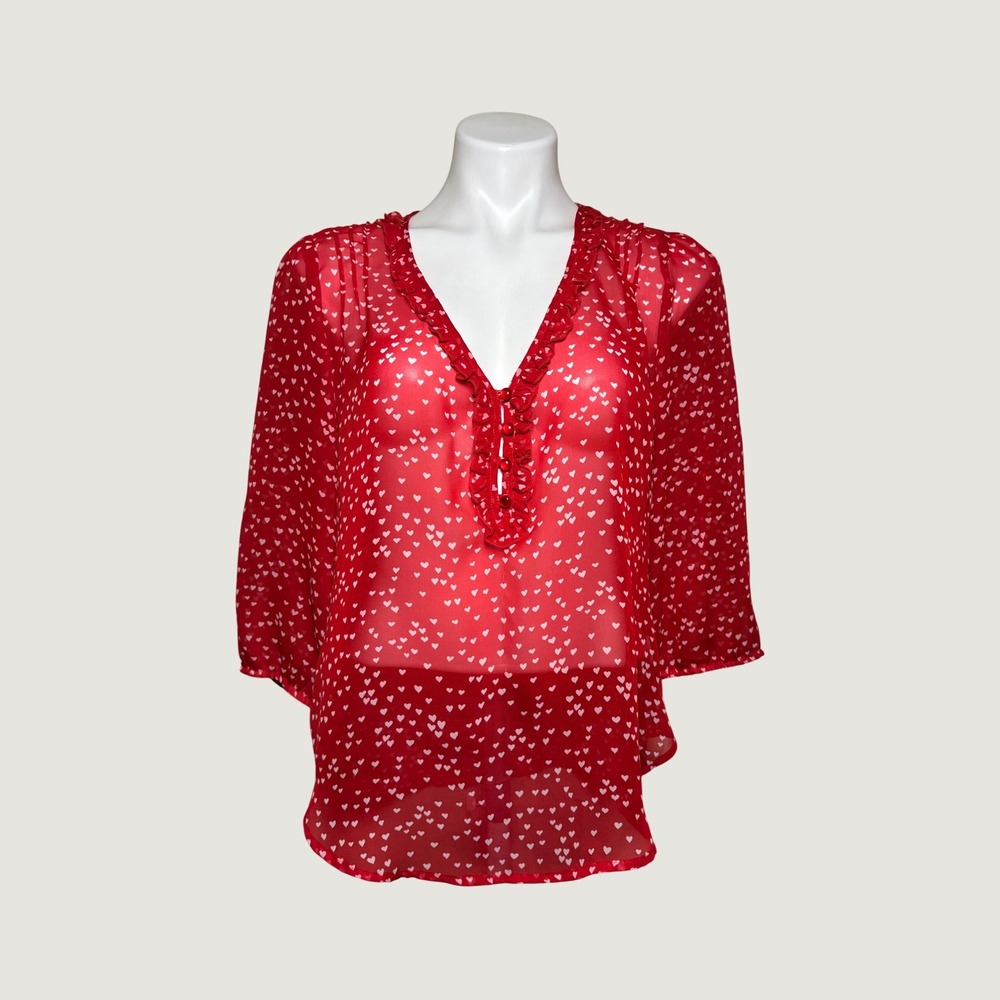 Lily White Red Heart Print Ruffle V-Neck Sheer Blouse Fairy Coquette Whimsy #15